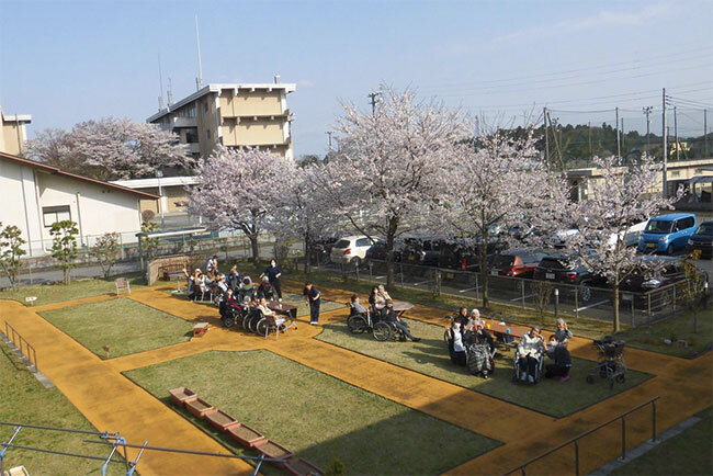 春には桜が咲き誇る中庭で花見を楽しむ利用者