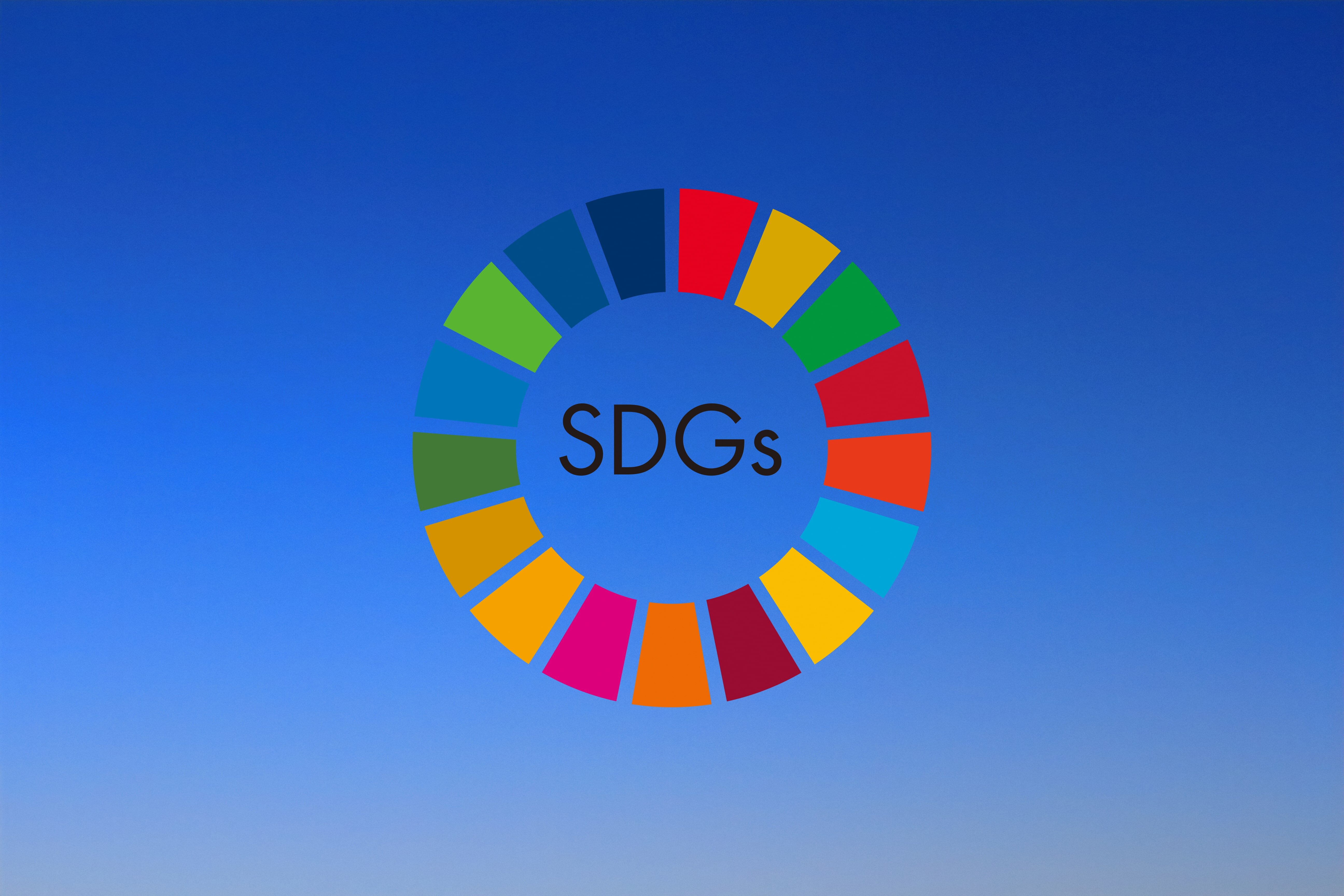 青い背景の中央にSDGsのカラーホイールロゴが表示されている。
